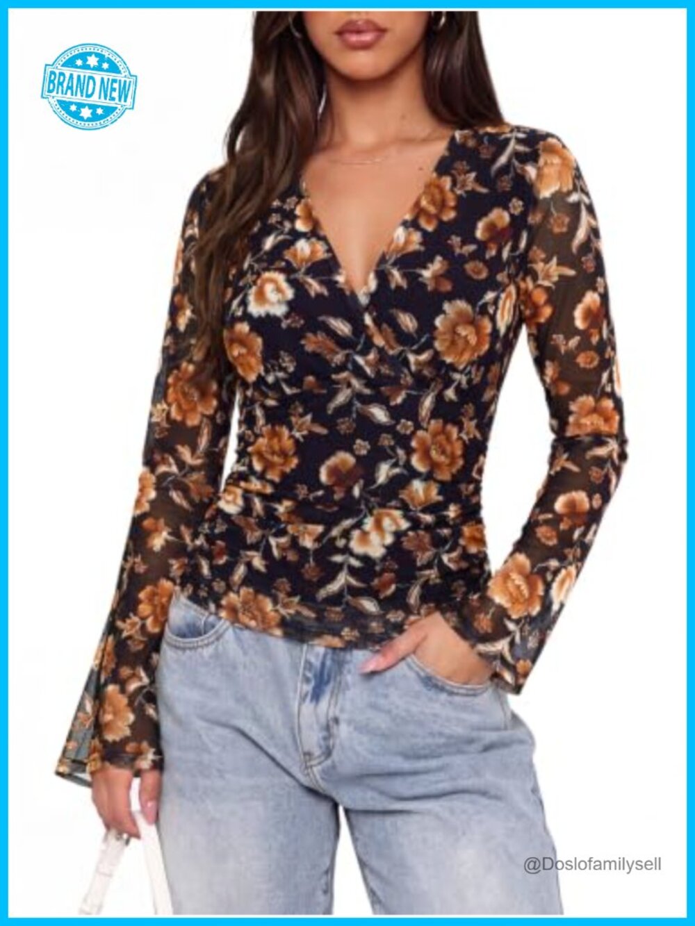 Floral Mesh Wrap Blouse Long Sleeve Ruched V Neck Boho Top
